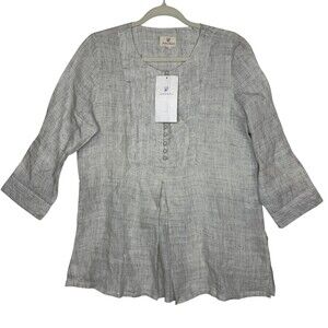 Anokhi Blouse Womens Large Gray Linen Pleated Tunic 3/4 Sleeve Button Front